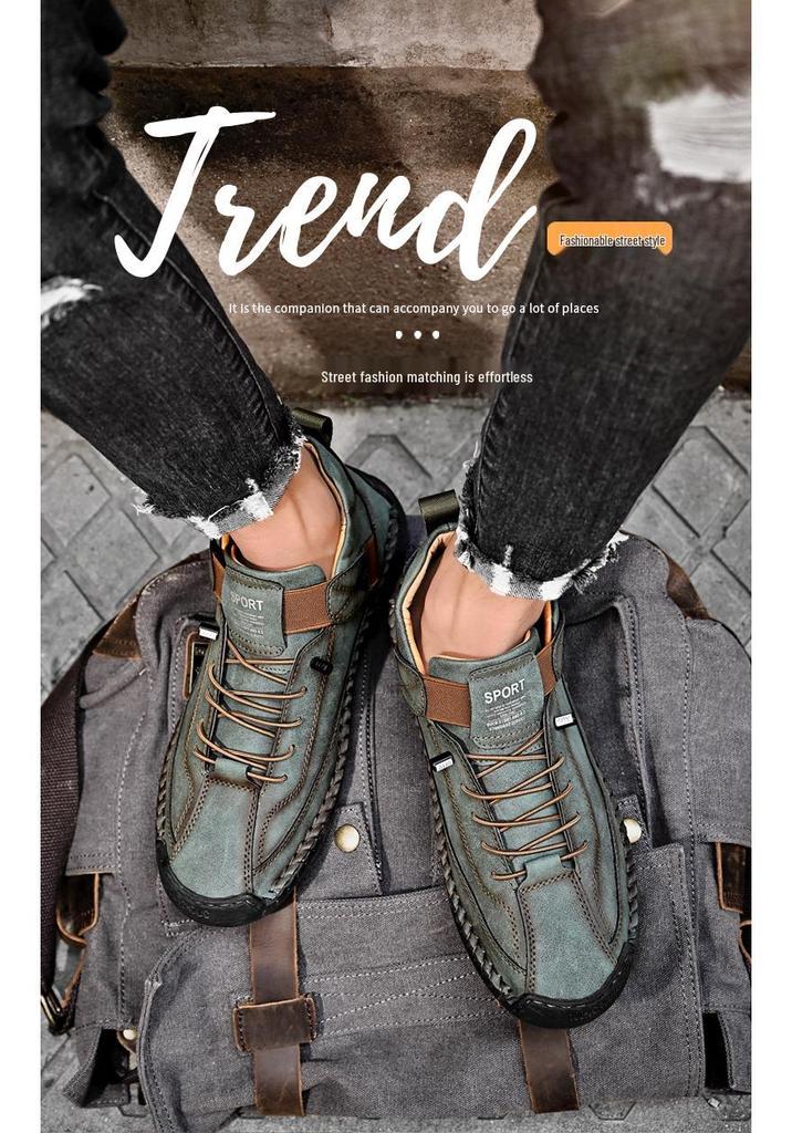 Men's Plus Size Casual Leather High-Top Work Shoes, Non-Slip Genuine Leather Handmade Shoes for Middle-Aged Dads.