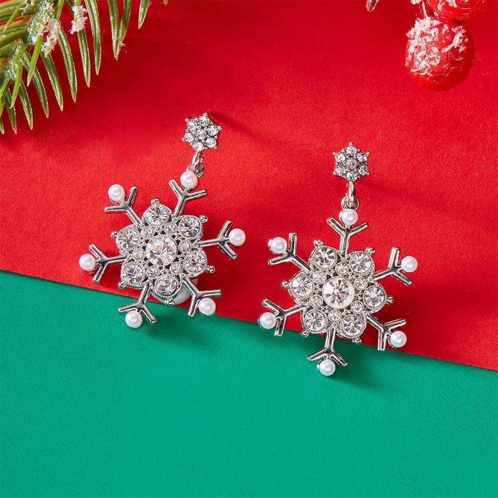 Crystal Zircon Pearl Christmas Stud Earrings Snowflake Long Tassel Earring  Party Accessories