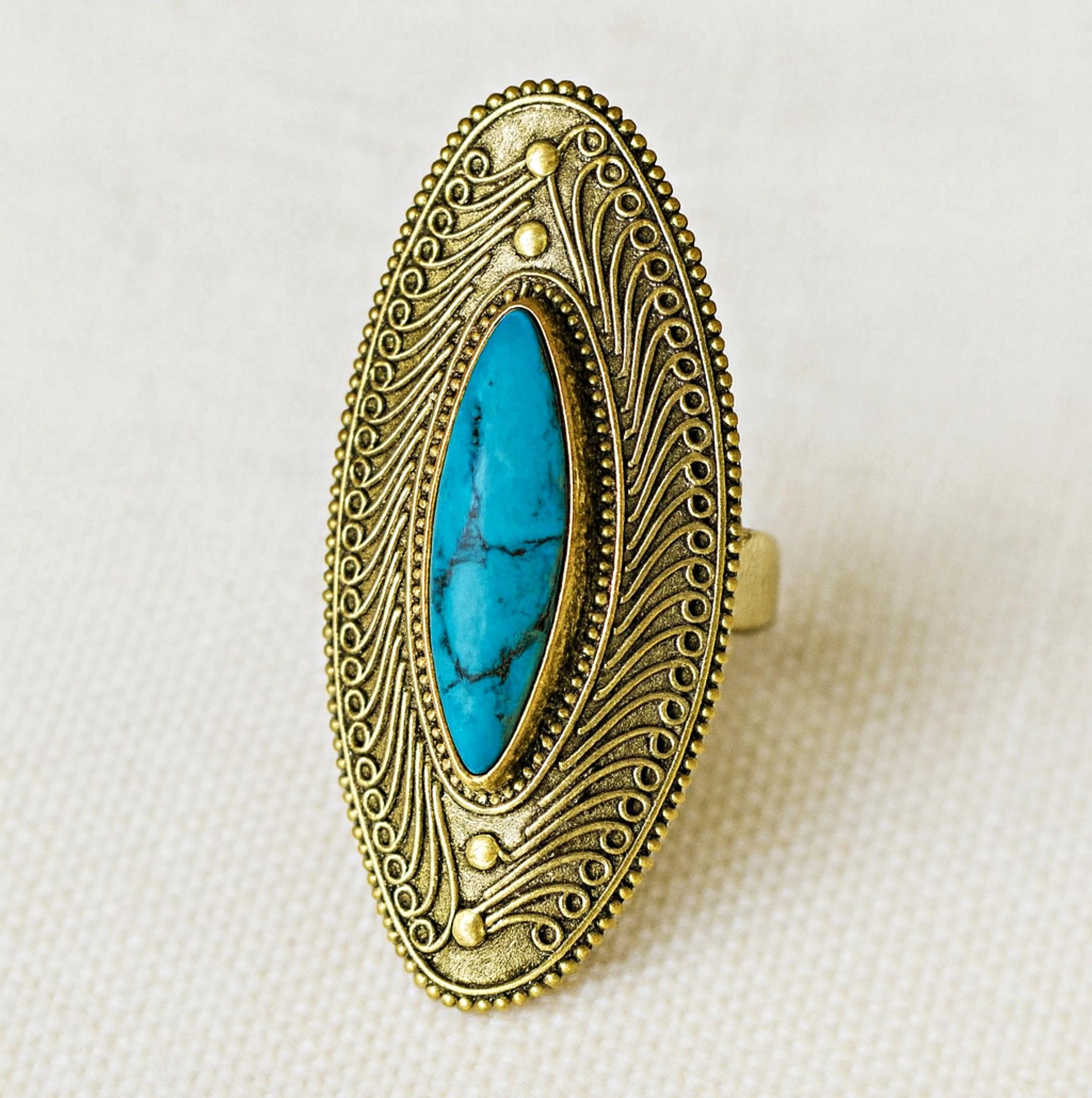 

Кольцо с бирюзовым драгоценным камнем огранки «маркиза», металл из чистой латуни, регулируемое коктейльное кольцо, изысканные этнические филигранные детали, ювелирное изделие Adjustable жёлтый