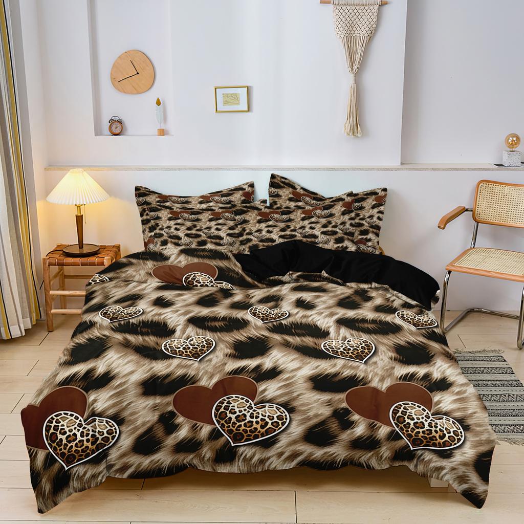 3Pcs Heart Leopard Print Premium Duvet Cover,Animal Print Made Of Soft Breathable Fabric,Home Decoration For Home And Dorm Use