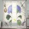 Purple Flower Dragonfly Clock Retro Tulle Curtain Voile Transparent Tulle for Bedroom Living Room Kitchen Sheer Window Curtains