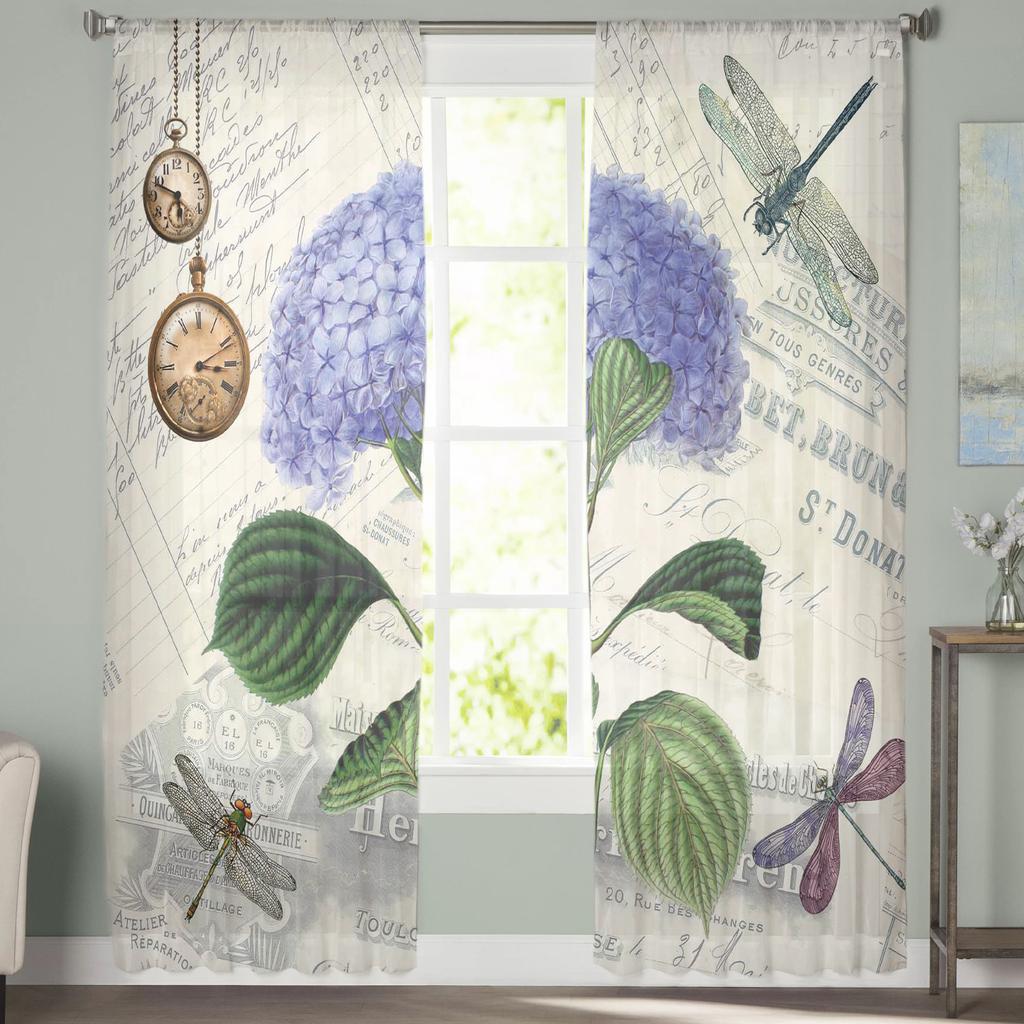Purple Flower Dragonfly Clock Retro Tulle Curtain Voile Transparent Tulle for Bedroom Living Room Kitchen Sheer Window Curtains