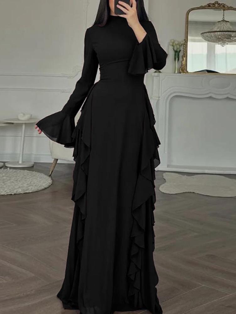 

2026 Elegant European & American Women s High Waist Flare Sleeve Solid Color Dress L