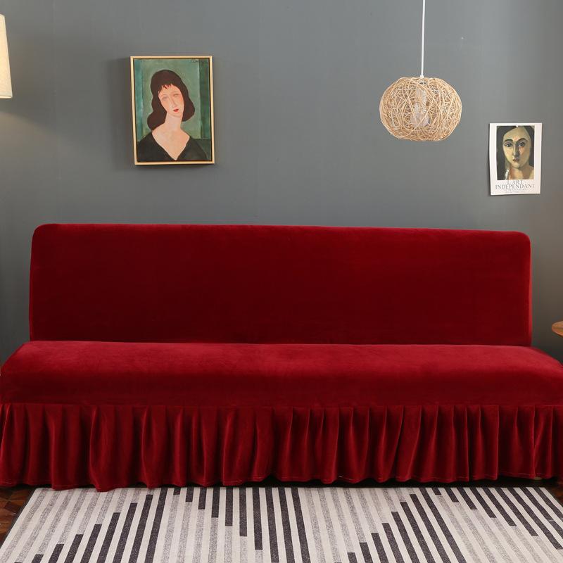 Stretch Velvet Futon Sofa Bed Cover Armless Thick Plush Sofa Cover with Skirt Sofa Slipcover Couch Cover Furniture Protector