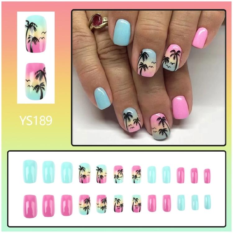 24 Pcs Coconut Tree Stick on Nail Gradient Artificial Nail Short Square False Nail Glossy Press On Nail for Woman Girls