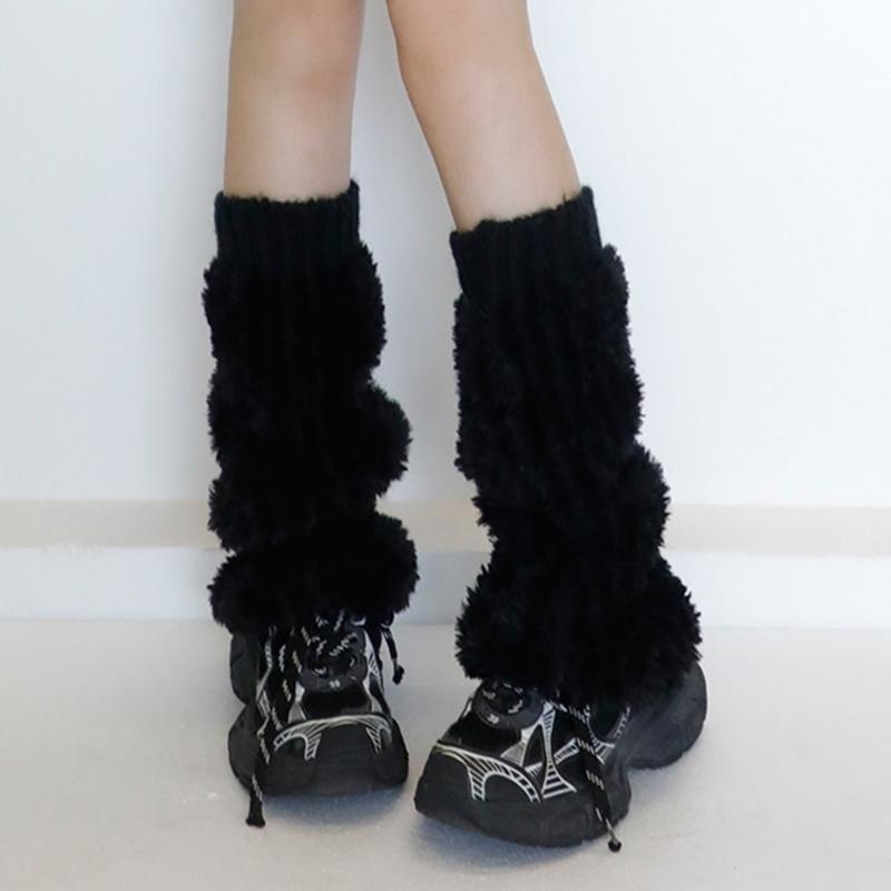 Ribbed Knit Cuffs Furry Leg Warmers for Women Students Winter Furry Plush Boot Covers Stretchy Calf Socks Streetwear