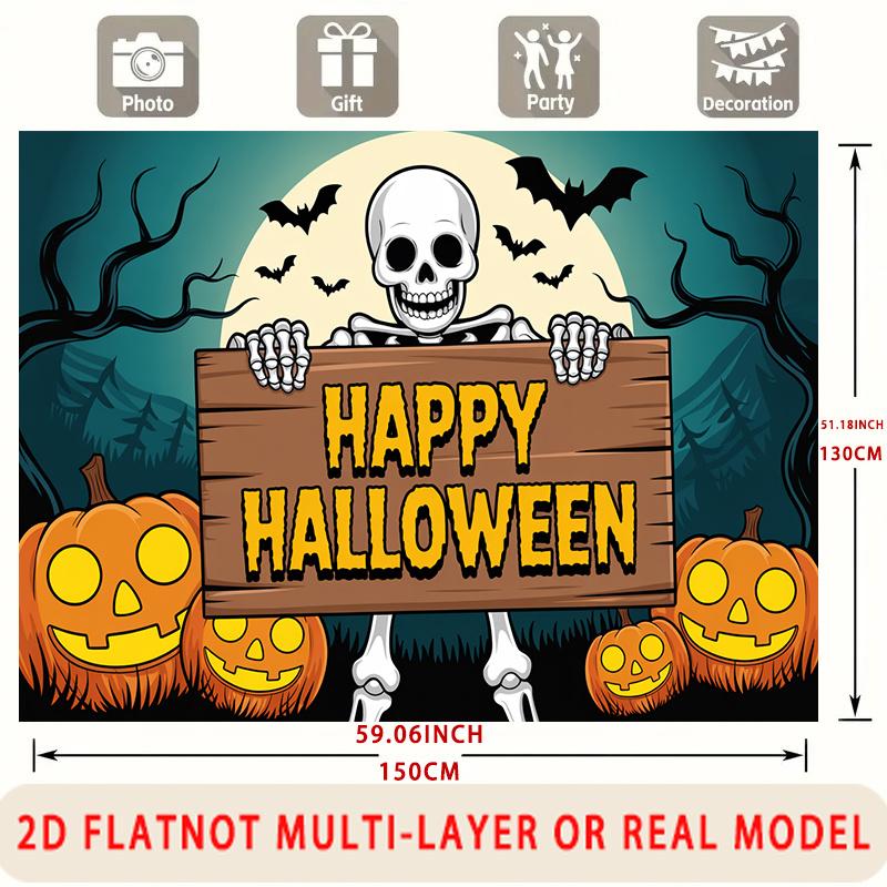 Party Backdrop Halloween Flat Spooky Skeleton Pumpkin Multi Layered Celebrations Event Backdrop Decoration Front Door Decor