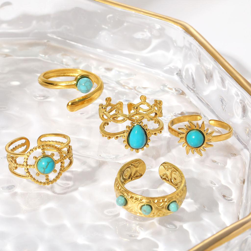 Stainless Steel Ring, Vacuum Plated 18K Gold Turquoise Rudder Sun Opening Bracelet