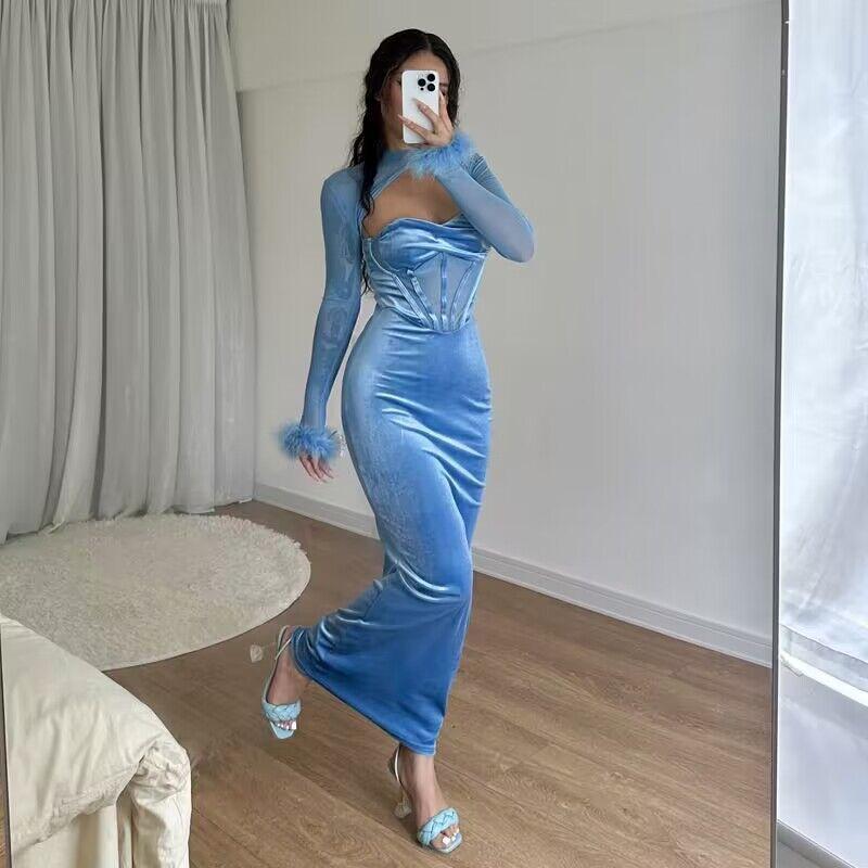 navy blue dress for baby girl Chaxiaoa Hollow Out Long Sleeve Sexy Mini Dress Women Autumn Winter Bu main image 1