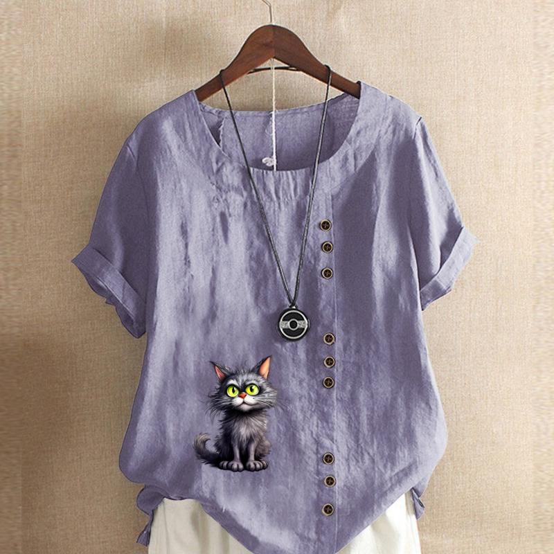 Women's Fashion Cat Prined Short Sleeve T-shirt Loose Cotton Shirt Casual Loose Summer Blouse Tops Plus Size