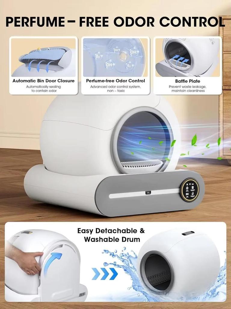 Tonepie Automatic Smart Cat Trash Can Self-Cleaning Arenero Gato Gato 65L App Control Pet Cat Toilet Mat Tray Ion Deodorant