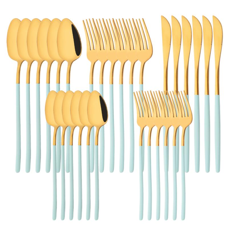 White Gold 30Pcs Dinnerware Set Knife Dessert Fork Spoon Tableware Cutlery Set 18/10 Stainless Steel Flatware Silverware Sets