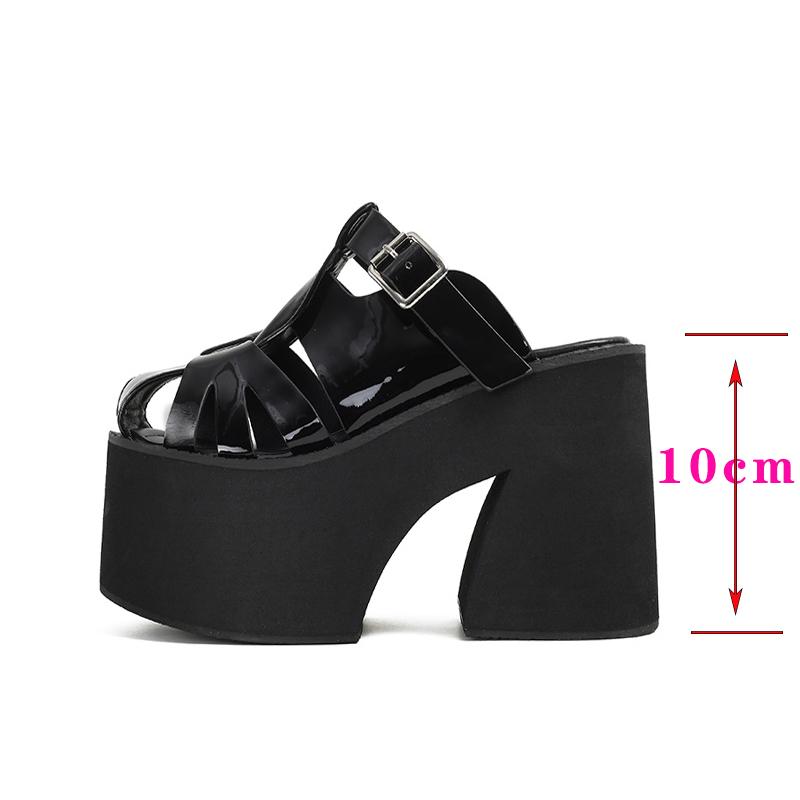 Fashion Design Women Fashion Thick Sole Buckle Flip Flops Patent Leather Hollow Baotou Casual Shoes High Heels Platform Outdoor Slippers