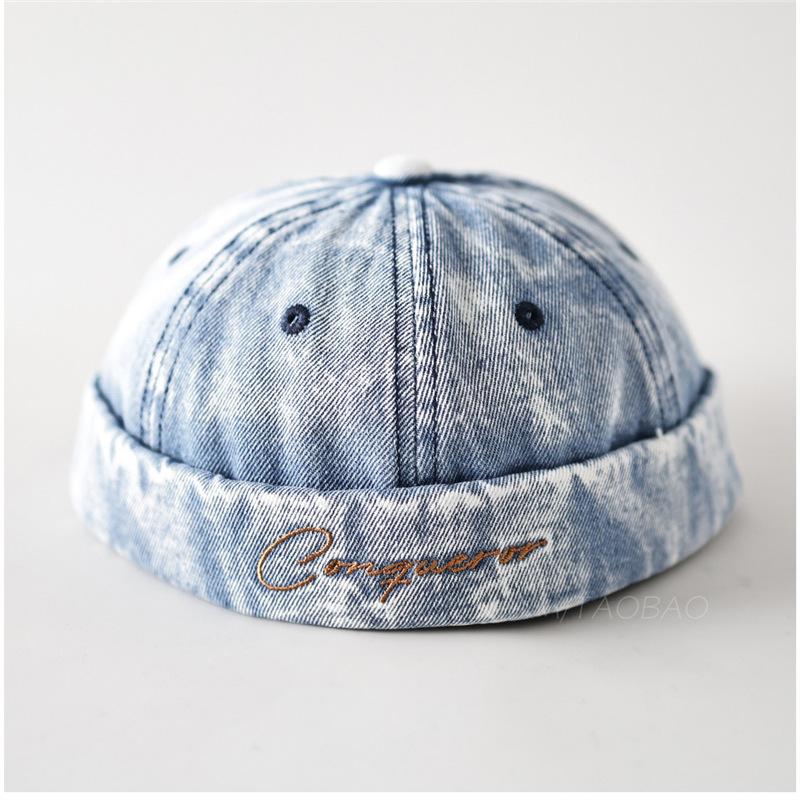 Berretto senza visiera in denim lavato effetto retrò, unisex, con ricamo lettera 'Conqueror', per feste casual, viaggi, abbigliamento quotidiano