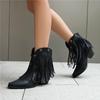 FOREADA Women Ankle Cowboy Boots Round Toe Block High Heels Western Boots Metal Decoration Tassel Cowgirl Short Boots Lady Fashion Shoes Autumn Winter