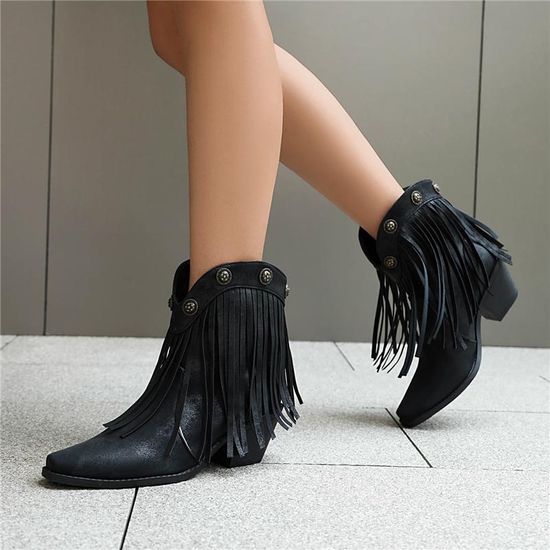 FOREADA Women Ankle Cowboy Boots Round Toe Block High Heels Western Boots Metal Decoration Tassel Cowgirl Short Boots Lady Fashion Shoes Autumn Winter
