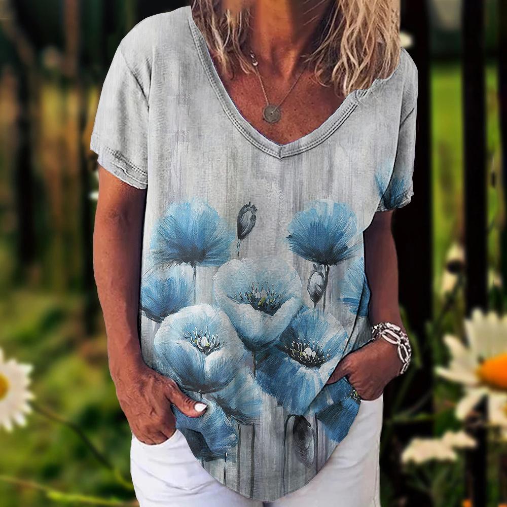 

Новинка 2023 года, женская футболка, летние винтажные топы с цветочным принтом, повседневная блузка с v-образным вырезом, модный женский пуловер большого размера, женская одежда 6XL