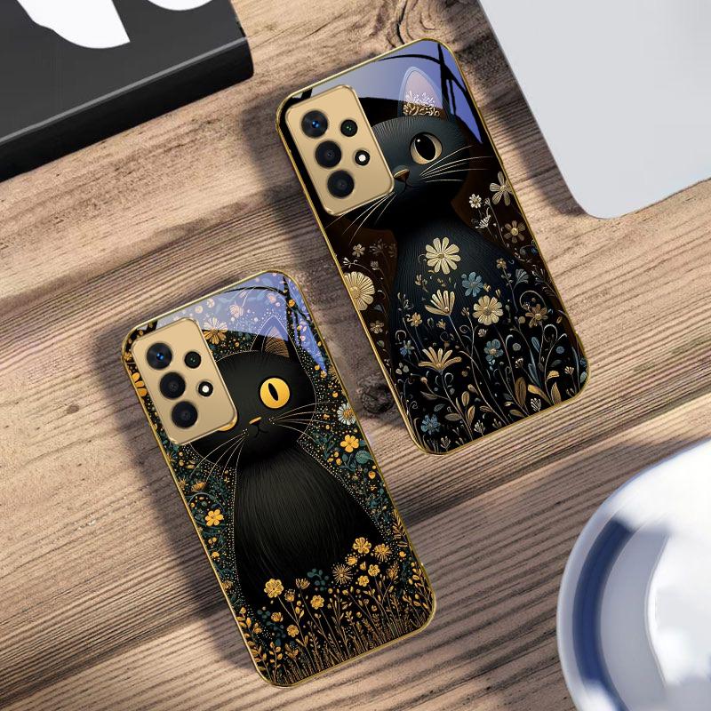 Runde und leuchtende Augen Für Samsung A 01 52S A04 A05S A10 A12 13 22 23 24 36 42 M02 Note 10 20Ultra 8 9 Goldene Glas-Handyhülle