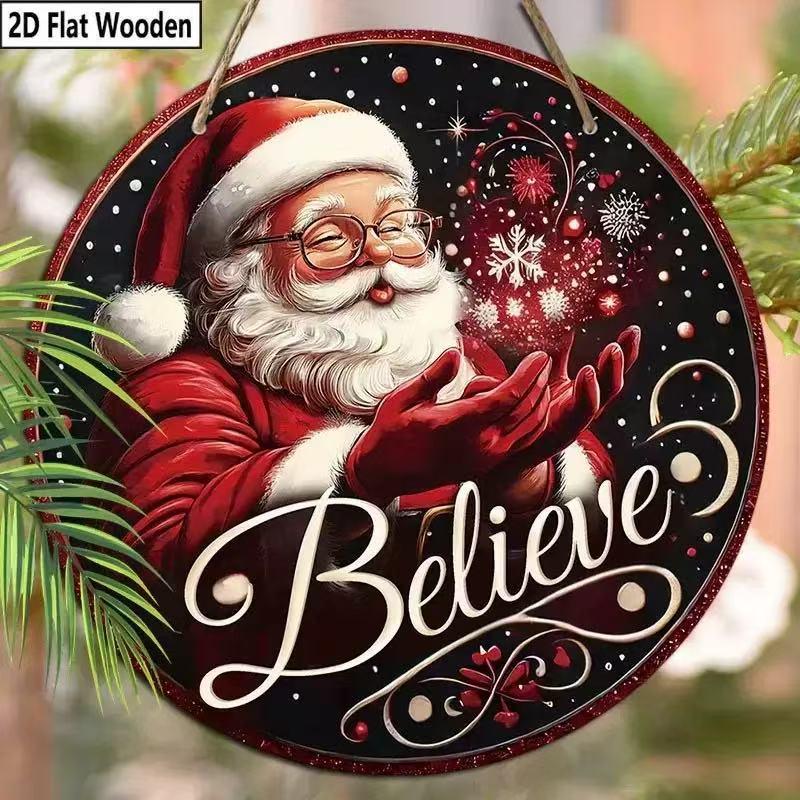 Santa Claus Christmas Wreath Wooden Hanging Sign for Wall, Door, or Window Décor