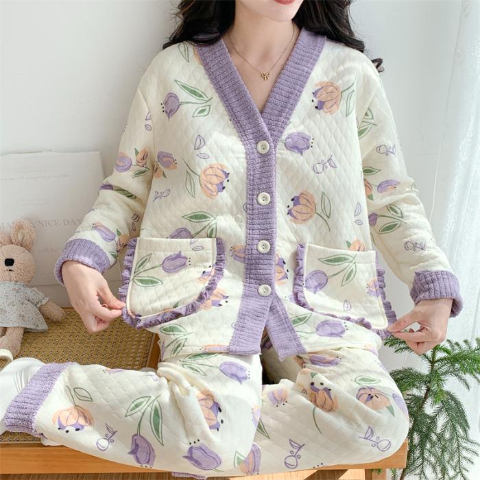 Damen Cartoon Baumwollpyjama Set - Warm und stilvoll für Herbst/Winter