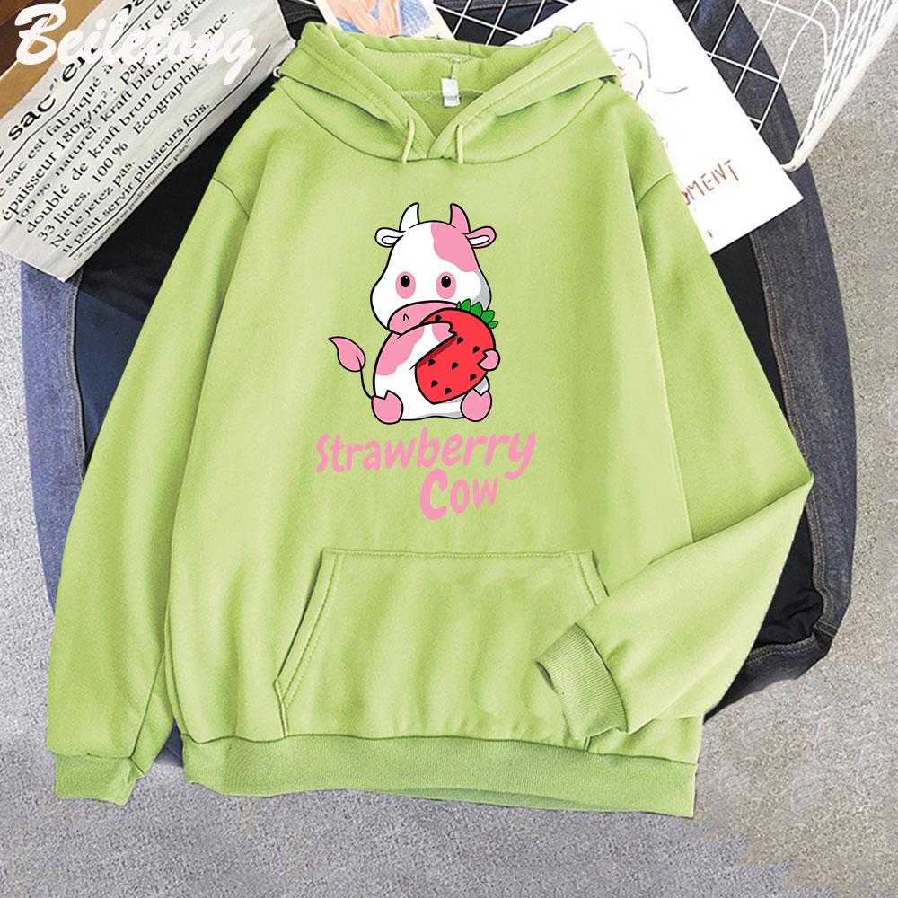 Strawberry Milk Cow Cartoon Hoodie Kawaii Clothing Aesthetic Girls Sudadera Mujer Pink Long Sleeve Loose Sweatshirt Spring Women