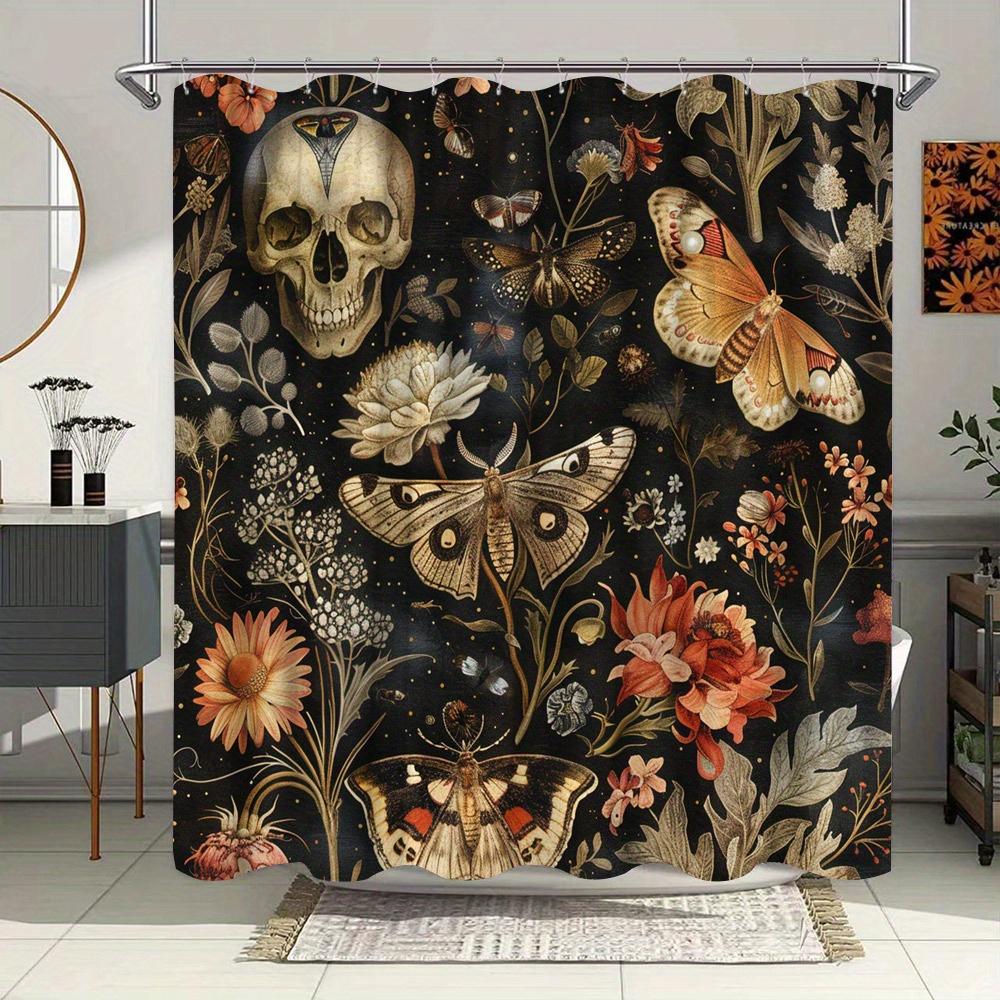 1pc Botanical Skull Shower Curtain - Digital Illustration, Butterflies, Moths & Flowers on Charcoal Background