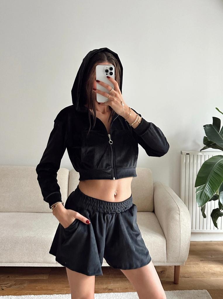 Casual European and American Women's Suit Long-sleeved Zipper Hooded Cardigan Loungewear Sports Elastic Shorts Two-piece Set