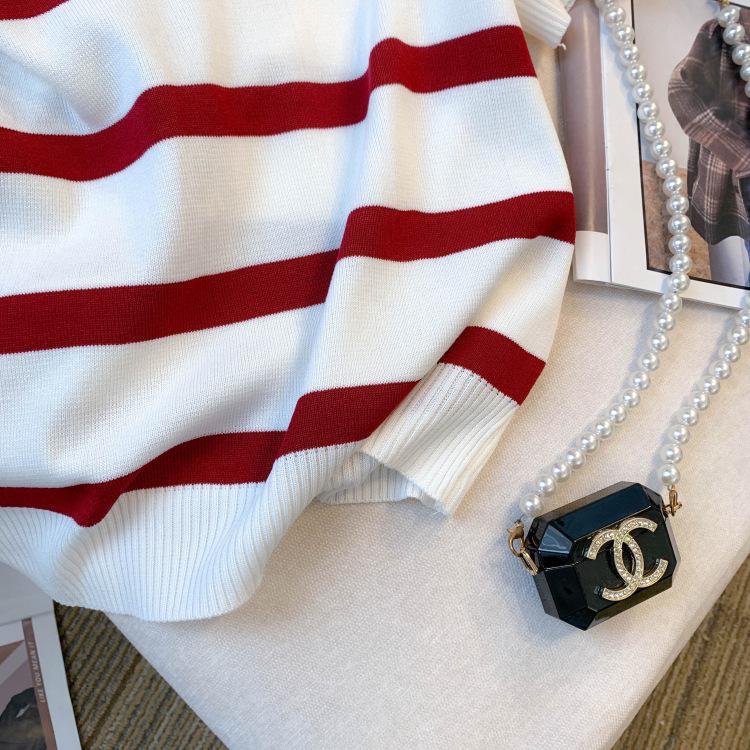 Damen Gestreiftes V-Ausschnitt Kurzarm Eisseide Stricktop