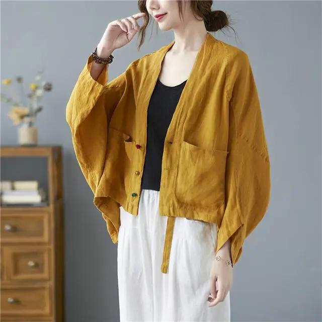 Damen Langarmjacken Herbst Vintage-Stil Alleskönner Locker Bequem Baumwolle Leinen Weiblich Lässige Mäntel