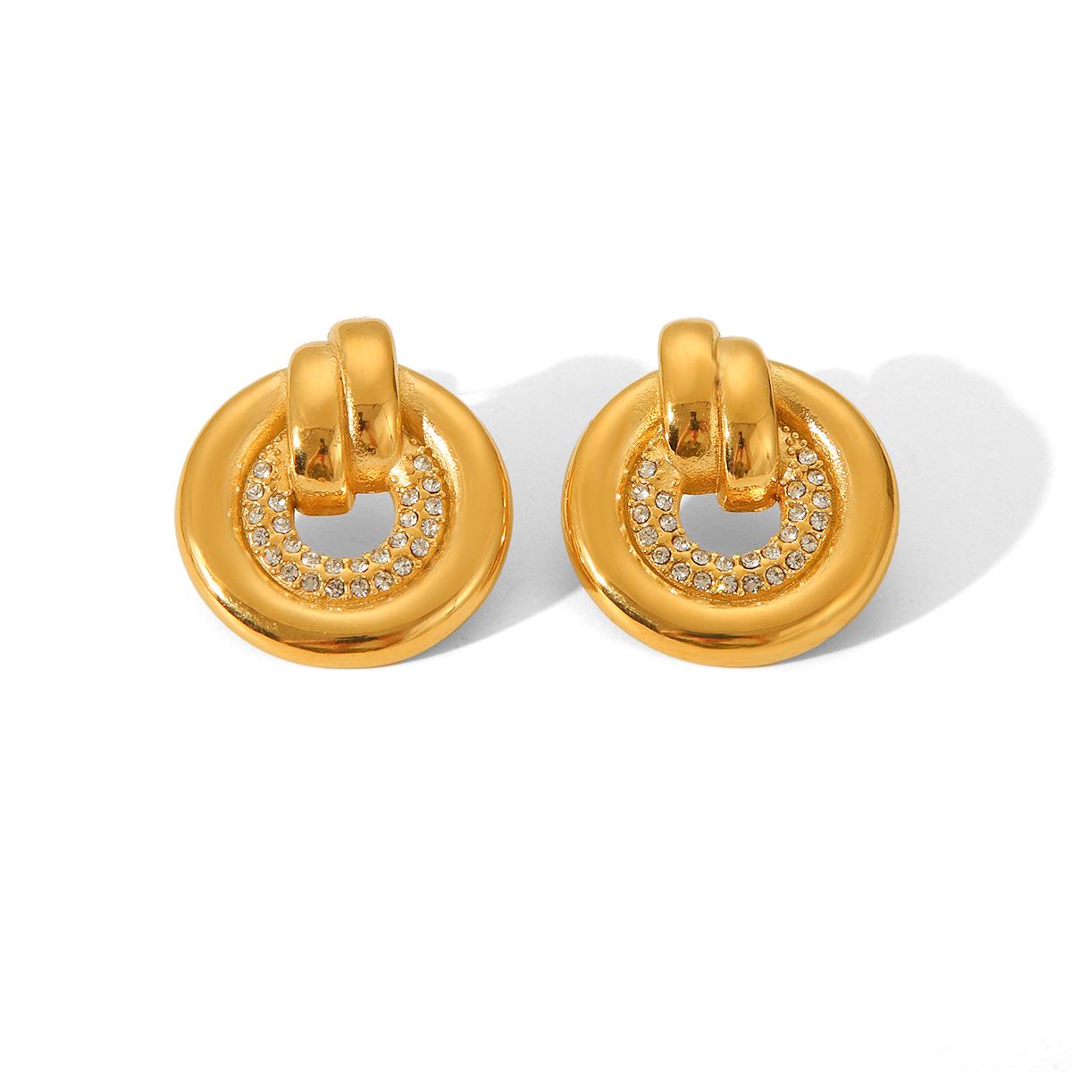 

18k Gold Plated Earrings, Stylish Women s Ins Fashion Versatile Diamond-studded Earrings, Titanium Steel Round Jewelry