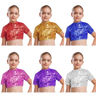 Kids Girls Cheerleading Jazz Dance Performance Costume Mock Neck Short Sleeve Sparkly Sequins Crop Top