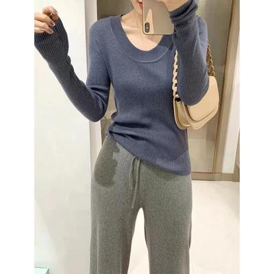 Autumn Winter Knitwear Pullover Long Sleeves U-neck Low Collarbone Solid Knitted Sweater Lady Thin Outerwear Korean Slim Fit Base Pullovers Women