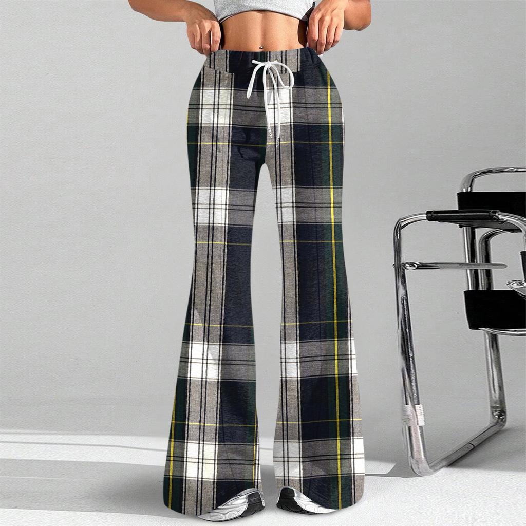 Women's Fashion Loose Drawstring Waist Plaid Printed Casual Sports Pants Casual Flared Pants
