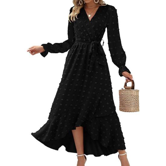 Long Sleeve Maxi Dress for Women V Neck Dot Design Boho Wrap Dress Casual Flowy Slit Wedding Guest Dress for Cocktail Party