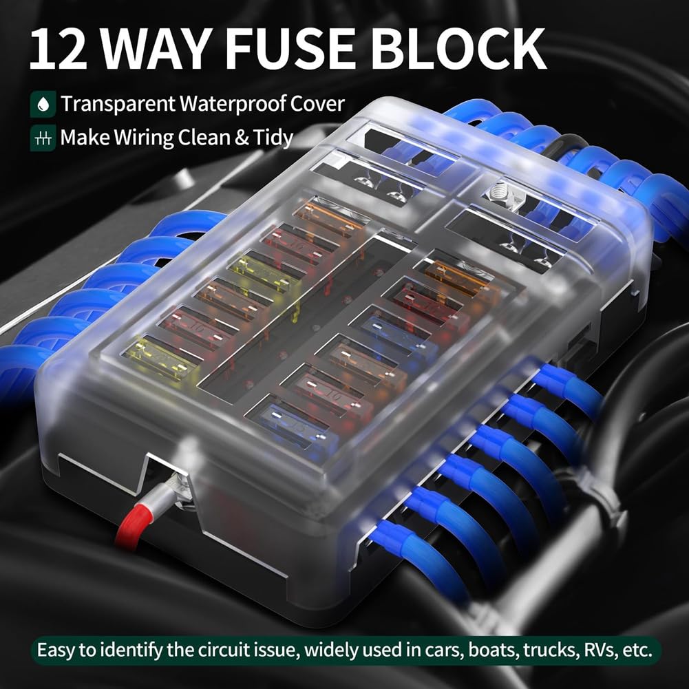 Jppium New 12-Way Automotive Fuse Box, Automotive Modification and Installation, Automotive and Marine Safe Fuse Integration Box