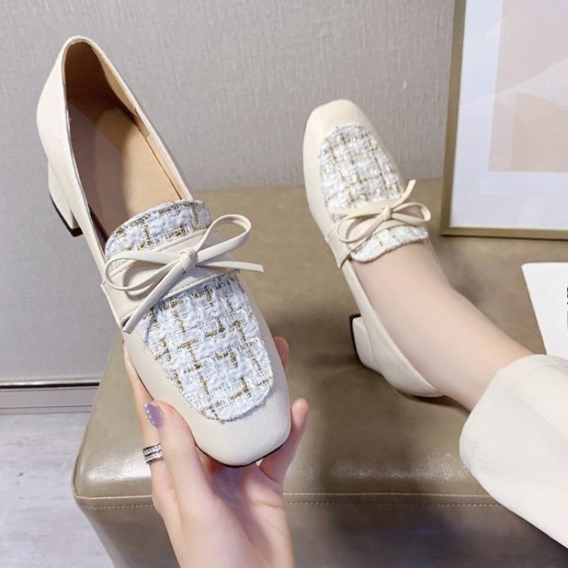 Fashion Lady Heels Fall New Square Toe Deep Mouth Spliced Bow Slip Foot Anti-Slip Wear-Resistant Block Heel Single Shoes