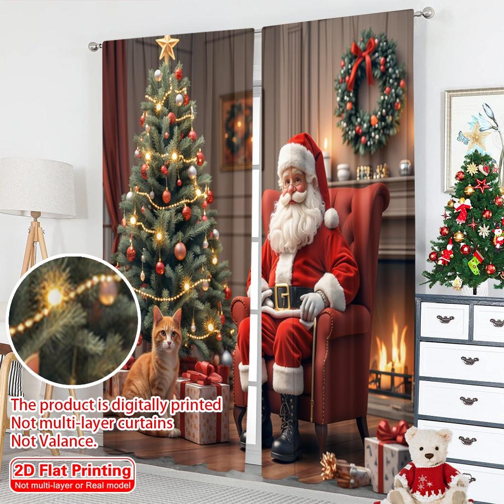 2pcs 2D Flat Printing Christmas Party Curtain Christmas Santa Fireplace Cat 100% Polyester Without Electricity 0 for