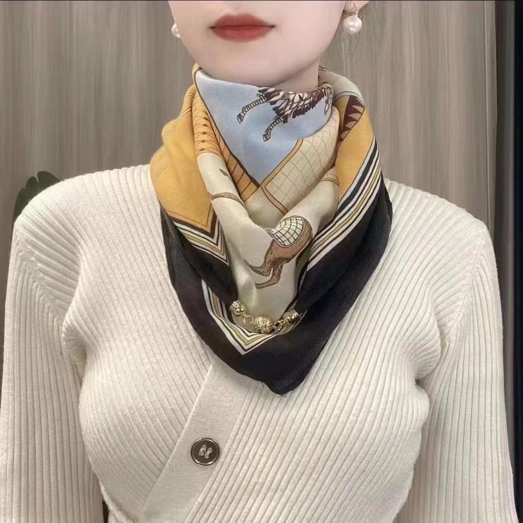 Small Gold Ball Magnetic Buckle 65Cm Cotton And Linen Texture High Sense Women'S Neck Protection Small Scarf Versatile Silk Scarf
