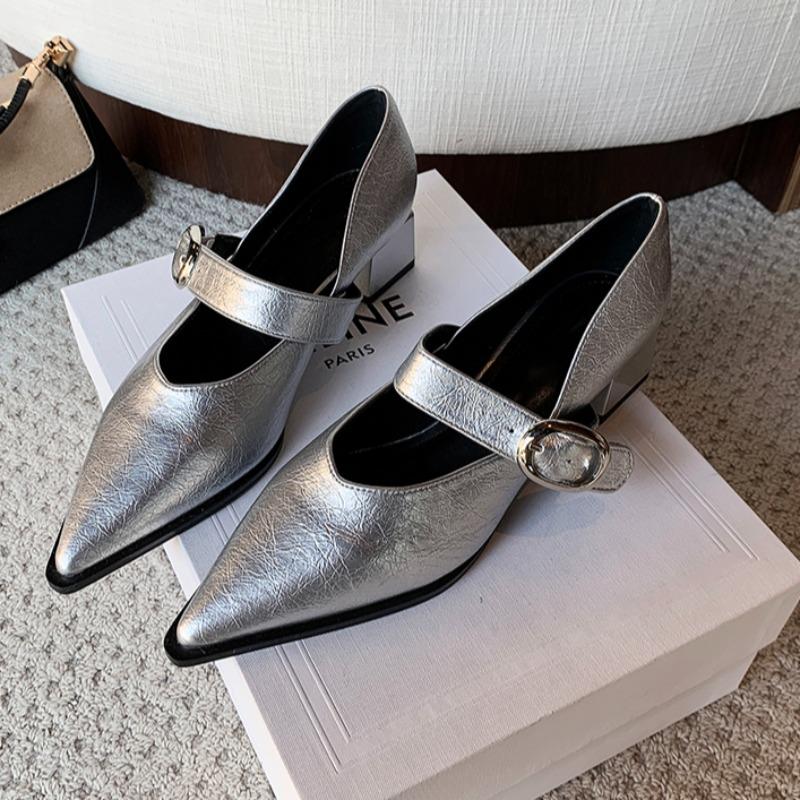 Fashion Spring New Low Heel Shoes Women's Pointed Head Shallow Mouth Metal Buckle Soft Sole Non-slip Low Top Shoes