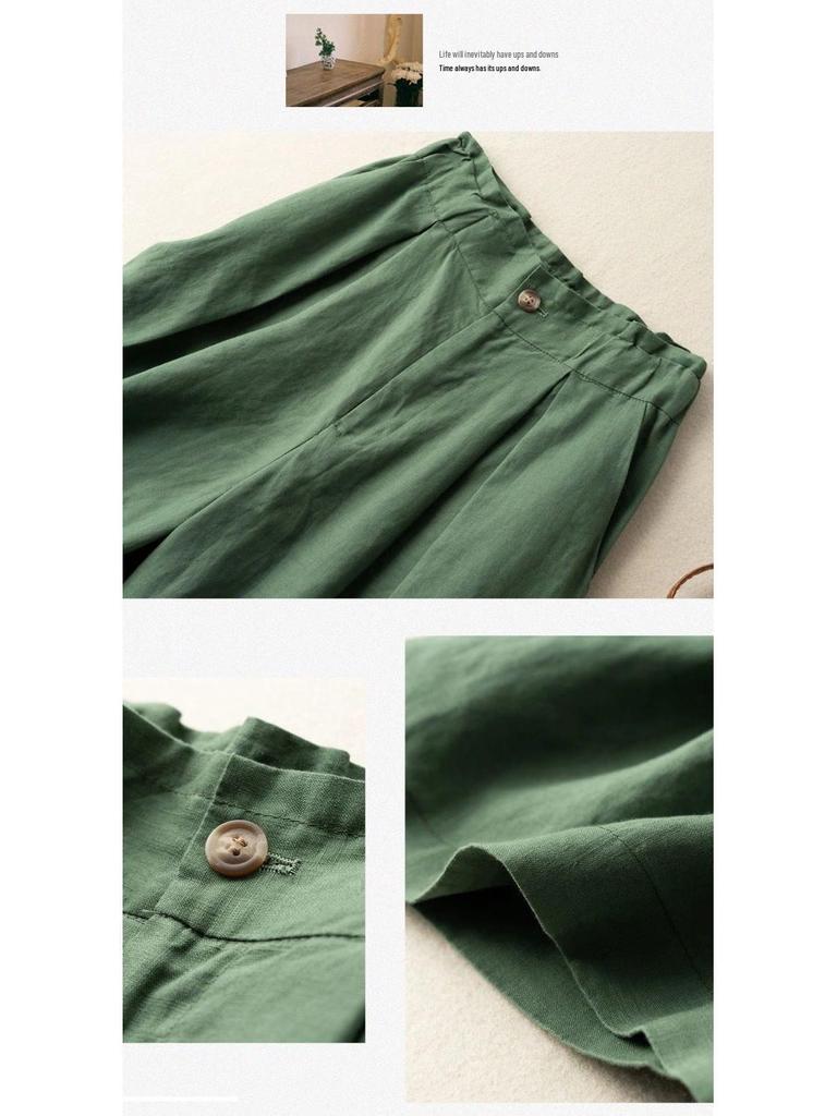 Summer Elastic Waist Cotton-Linen Capris with Wide Legs and Retro Solid Color