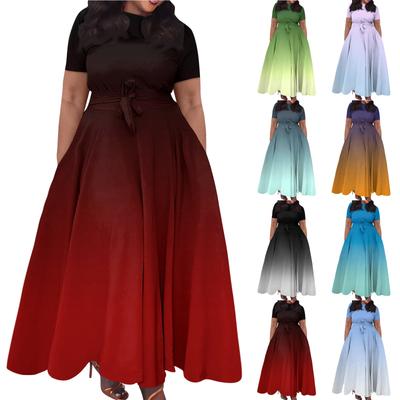 Vestido de mujer casual de moda de gran tamaño con estampado de cuello redondo y manga corta con correas de bolsillo