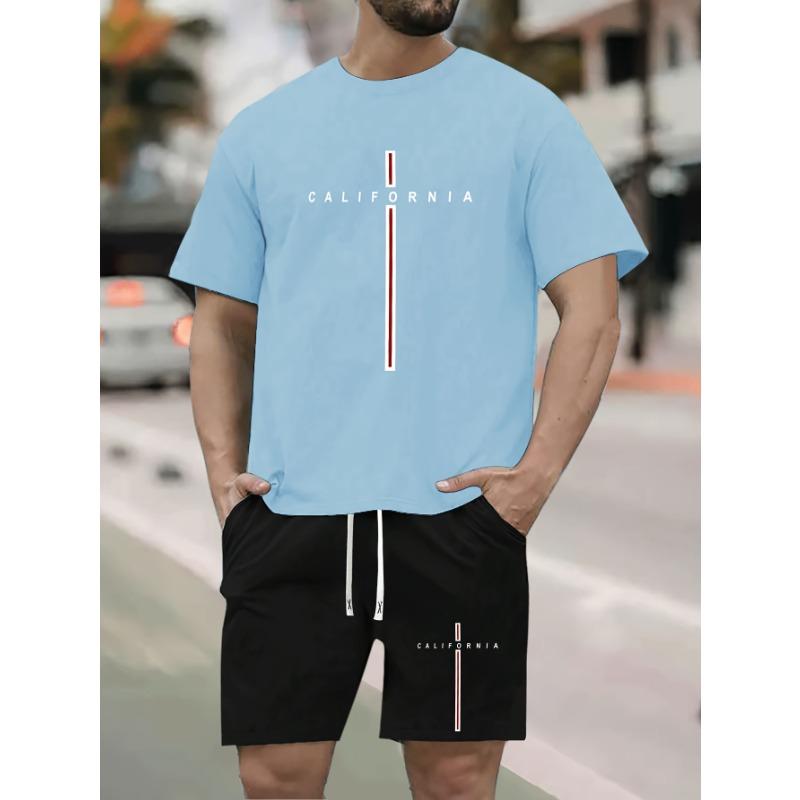 California Letter Print Men's Two Piece Set, Short Sleeve T-shirt & Drawstring Shorts