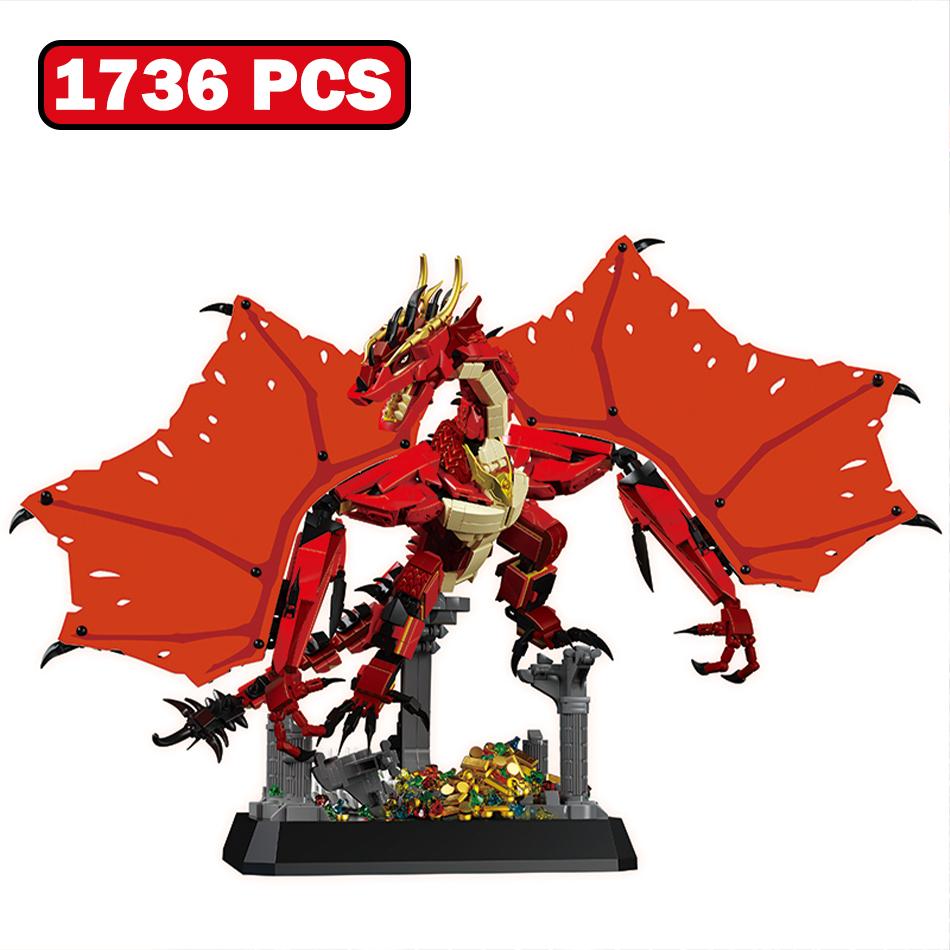 MOC Evil Dragon Beast Castle Ruins Scene Building Blocks Magic Animal Rings Dragon with Soft Wings Bricks Toys Kids Adults Gifts