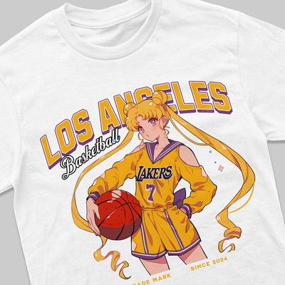 Vintage Retro 100% Cotton T-shirt Mens Tees Top Anime Sailor Moon Lakers Mashup Basketball Nba 80s 90s