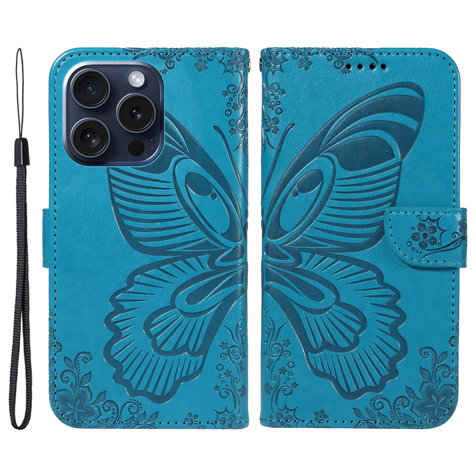 

For iPhone 15 Pro Wallet Case Butterfly Imprint Leather Phone Cover with Stand Blue