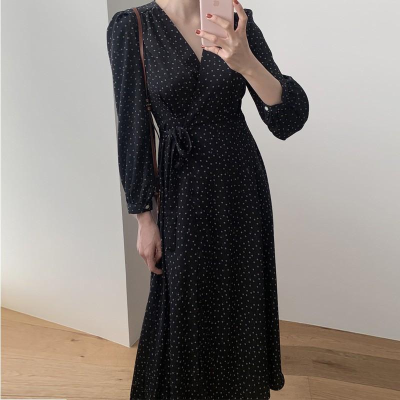 Elegant V-Neck Wrap Tie Long Maxi Dress Women Slim Fit Solid Color Boho Chic 2025 Black