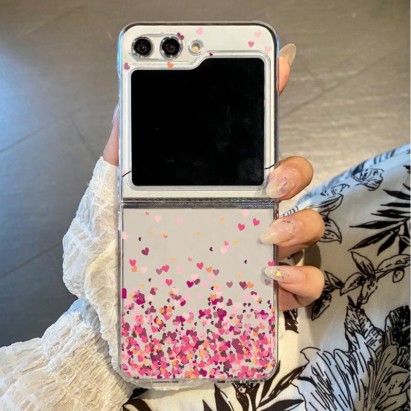 Samsung Galaxy Z Flip 7 6 5 4 3 uchun Sevgi Yuragi Bosmalari bilan Shaffof Buklanadigan Telefon G'ilofi Samsung Z Flip7 Flip6 uchun Qattiq Shaffof Qopqoq