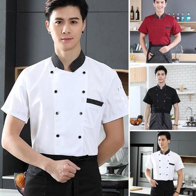 Stand Collar Short Sleeve Double Breasted Patch Pocket Splicing Color Chef Uniform Women Men Service Bakery Breathable Chef Shirt Work Clothing