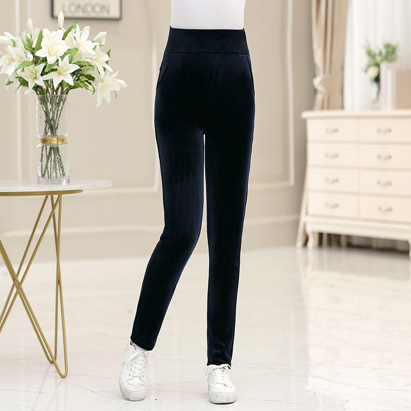 Autumn Winter Women's Fleece-Lined Velvet Pants High-Waist Slim Fit Thickened Warm Plus Size Skinny Pants