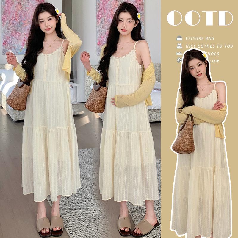 2026 Summer French Sweet Lace Camisole Dress & Sun Protection Cardigan Set